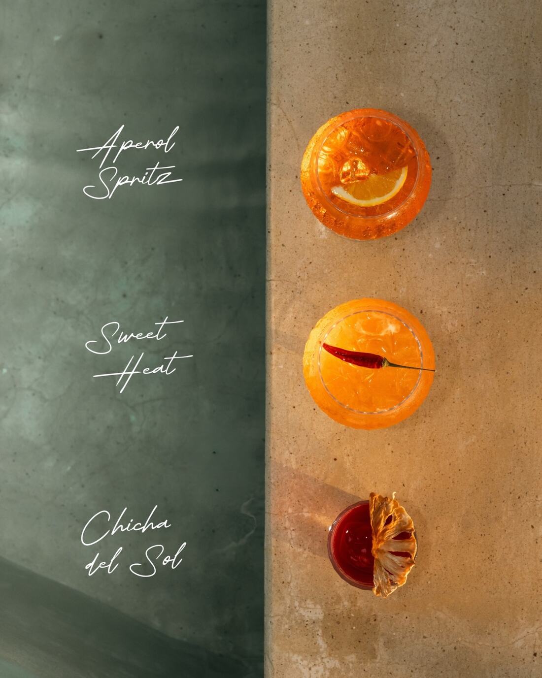Aperol Spritz, Sweet Heat and Chicha del Sol cocktails lined up on the concrete bar at Lumi.